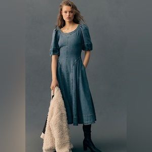 Pilcro Puff-Sleeve Seamed Denim Midi Dress - Anthropologie - Size M - NWT